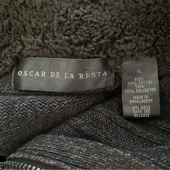 OSCAR DE LA RENTA dark gray 1/4 zipper fuzzy fur neckline v-neck knit sweater - Picture 6 of 7